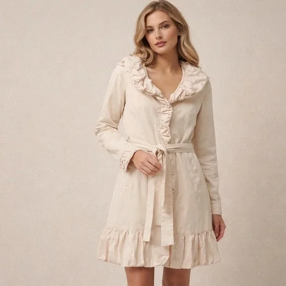 Blanc Noir Ruffle Trench Jacket Womens M Cream Coquette Avant-Garde Belted Coat - Picture 1 of 11